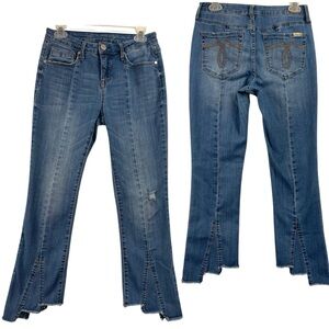 Seven 7 Jeans Seamed Crop Kick Flare 4 Blue Asymmetrical Fray Classic Basic